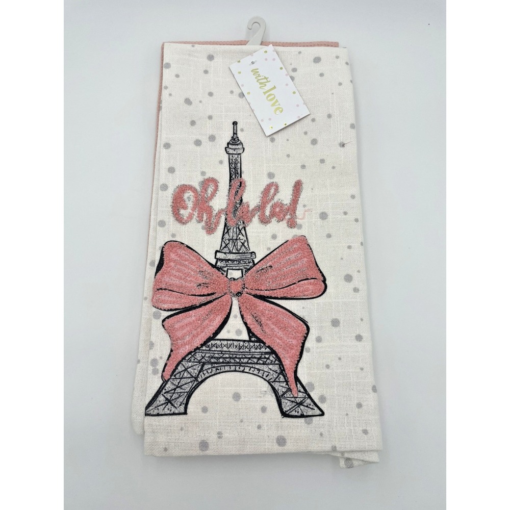 Set  2 Paris Themed Kitchen Towels Eiffle‎ Tower Black Pink Bow French Kitchen